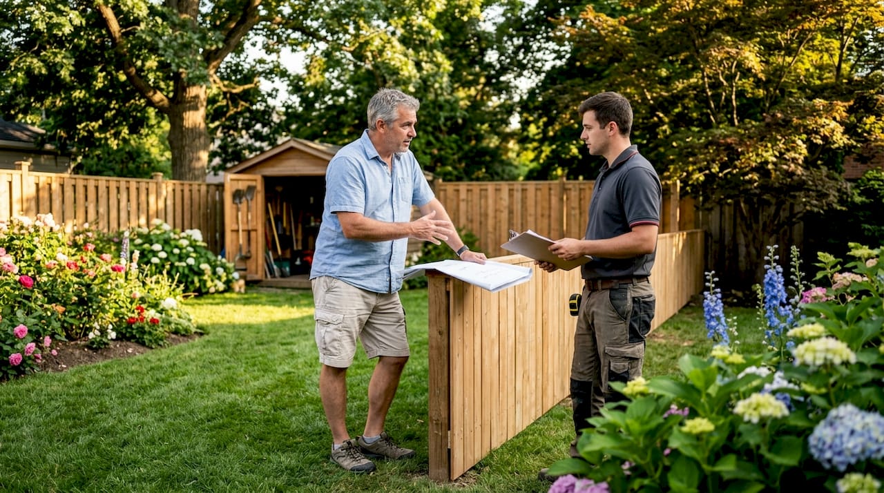 Homeowner reviewing fence plans outdoors