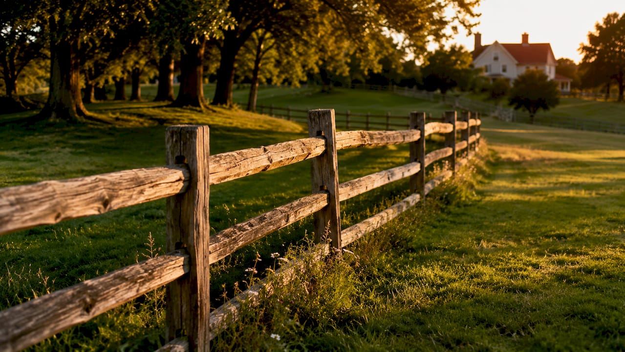 Rustic split rail fence along grassy property