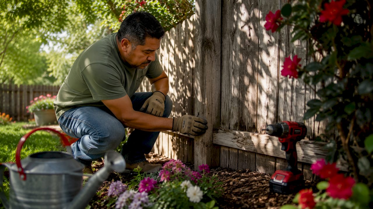 Man inspecting wooden fence post outdoors