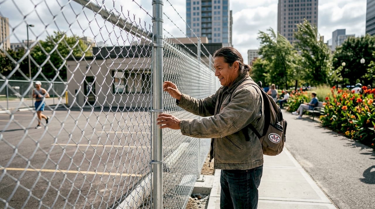 Man inspecting commercial fence outdoors Oklahoma