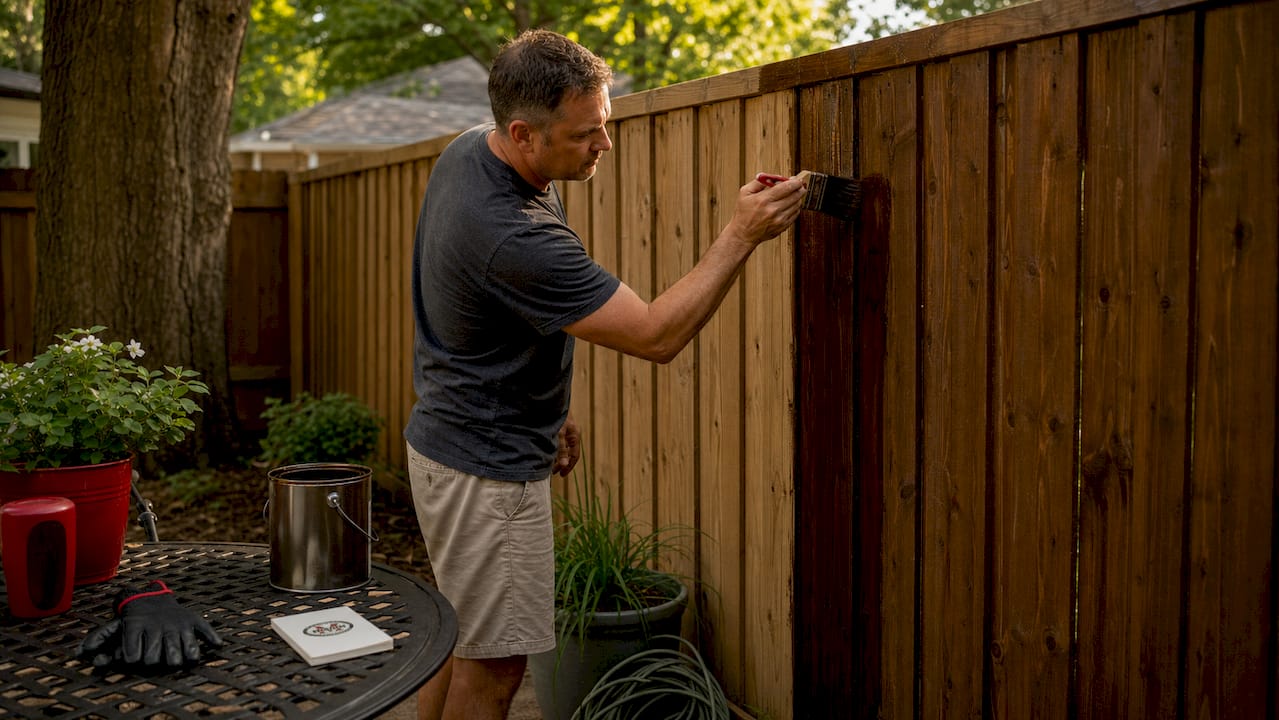 Man staining wooden fence outdoors