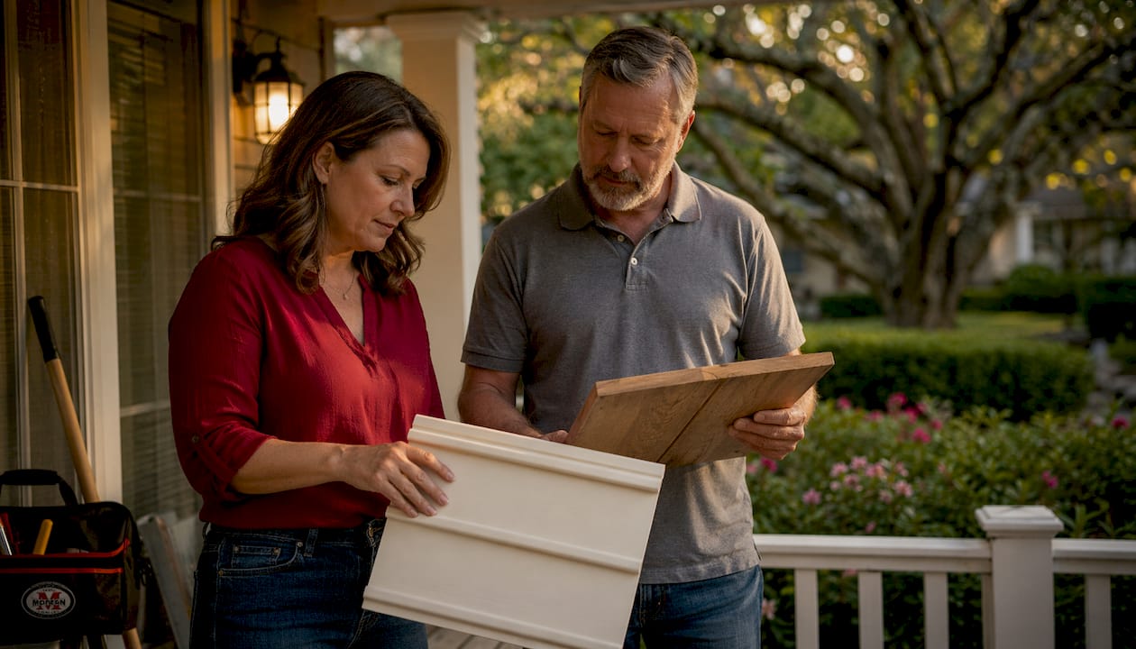Couple comparing vinyl and wood fences outdoors