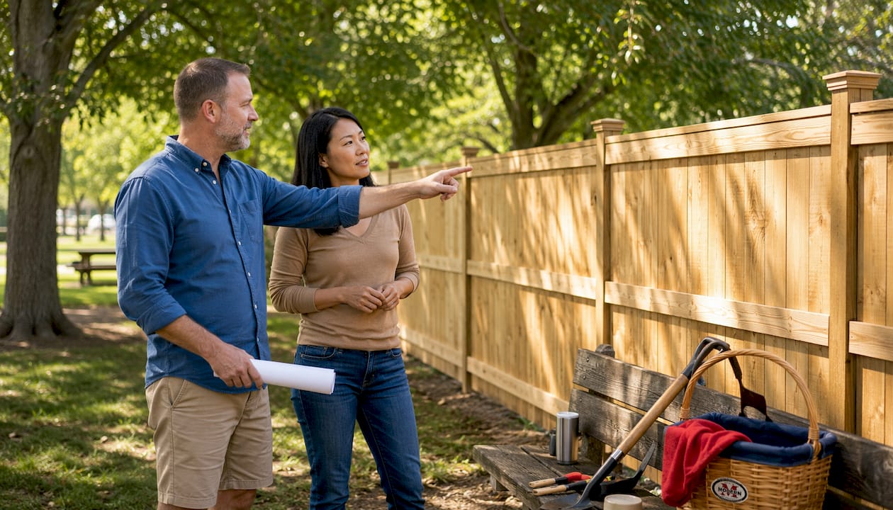 Homeowner consulting fence installer outdoors