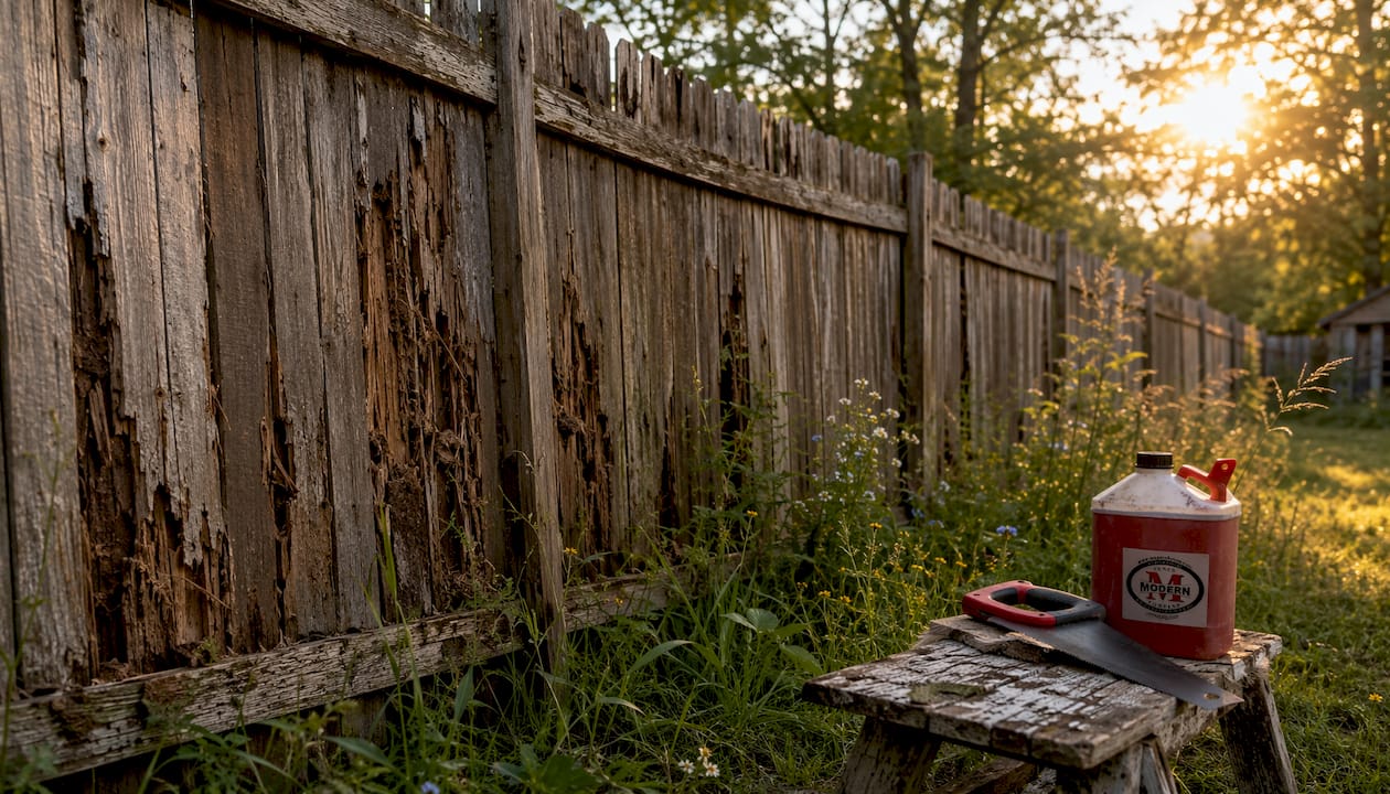 Close-up of damaged wood fence with rot and termite damage