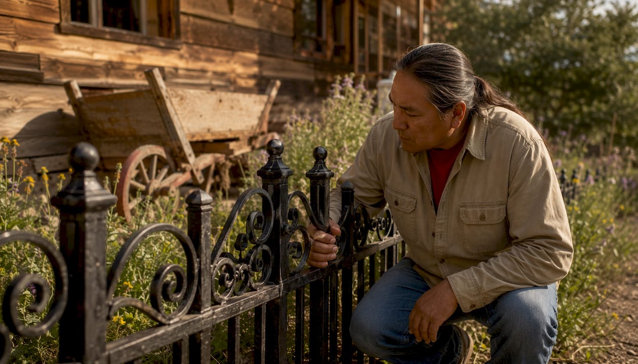 Man inspecting ornamental iron fence in backyard
