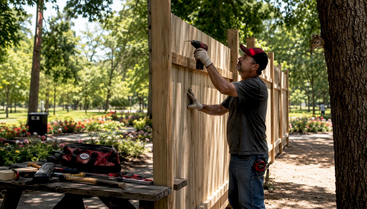 Man installing privacy fence in backyard