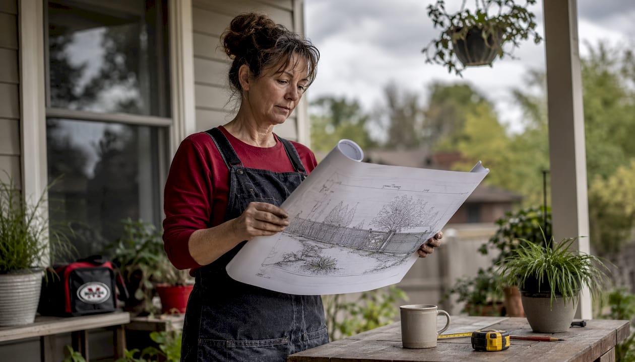 Homeowner reviewing fence landscaping plan outdoors