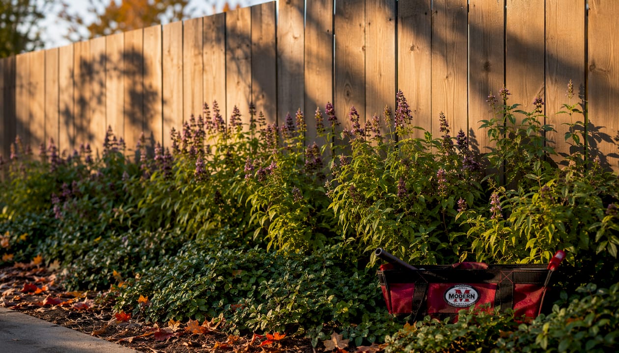 Wood fence with tiered front plants illustrating scale