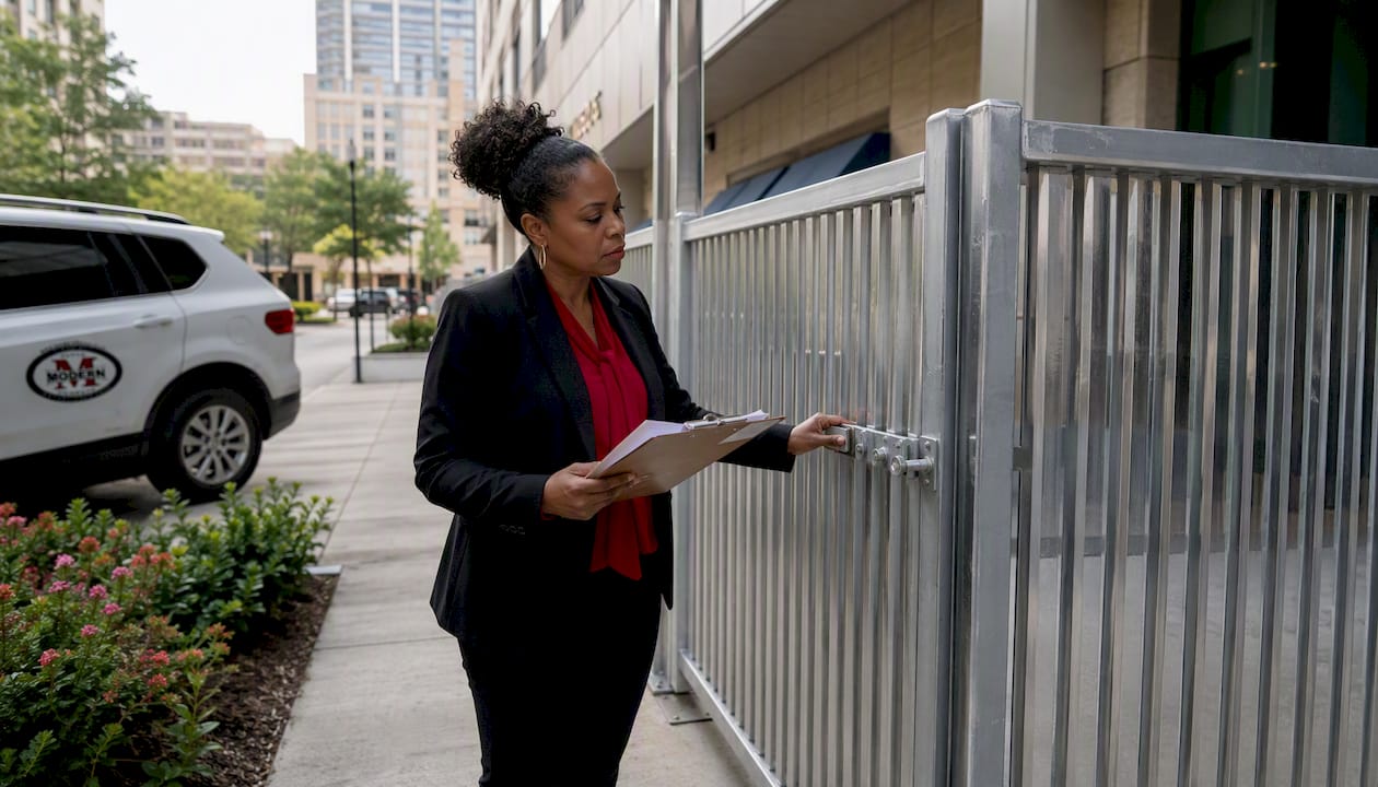 Property manager inspecting dumpster enclosure fence