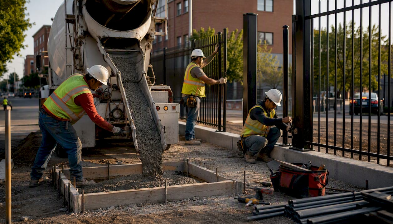 Construction workers building dumpster enclosure on site