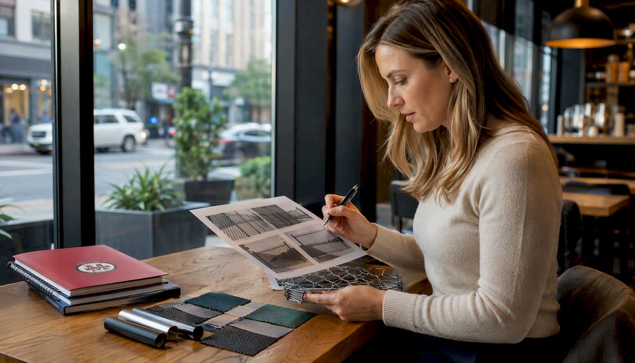 Woman reviewing commercial fence material samples indoors