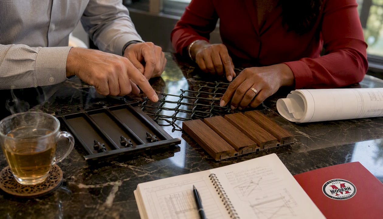 Hands comparing commercial fence material samples overhead