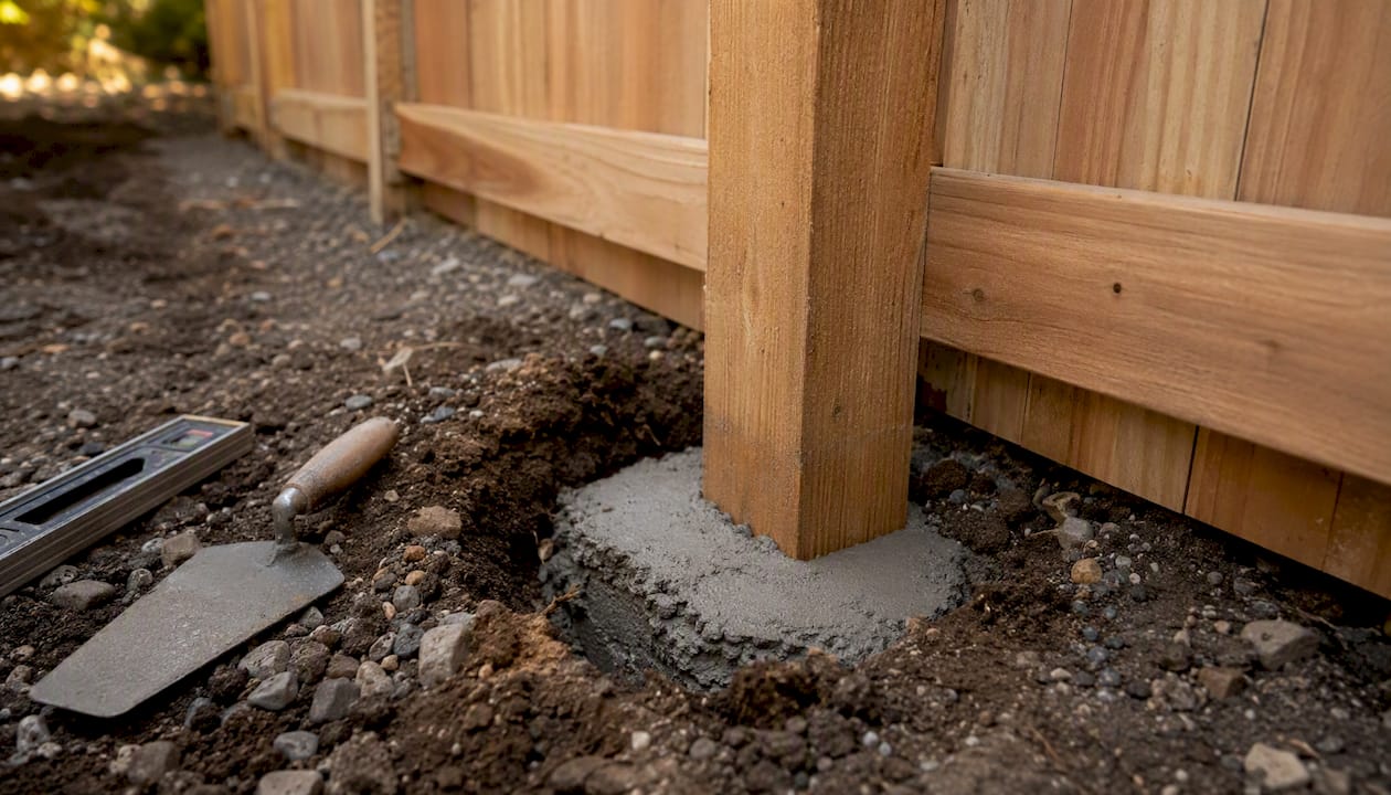 Fence post embedded in concrete footing