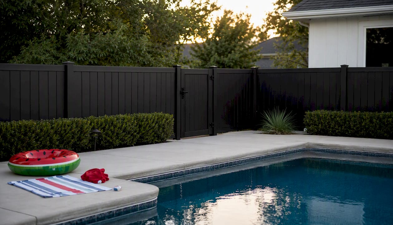 Black aluminum picket pool fence with gate