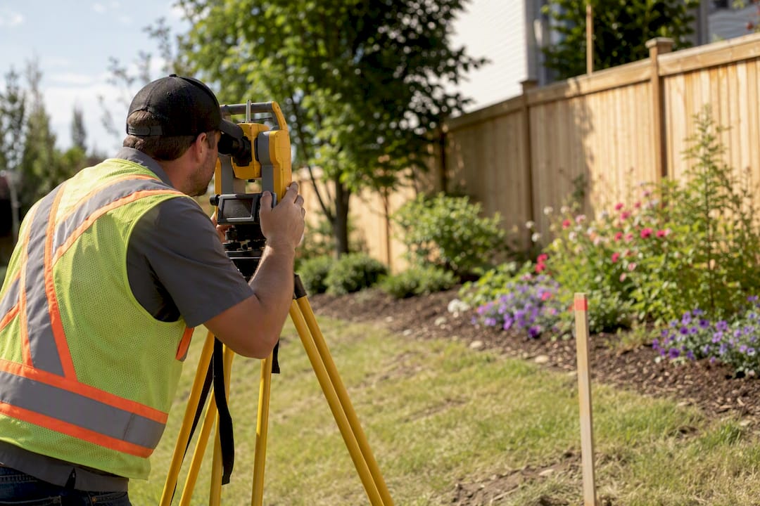 Land surveyor measuring fence boundary