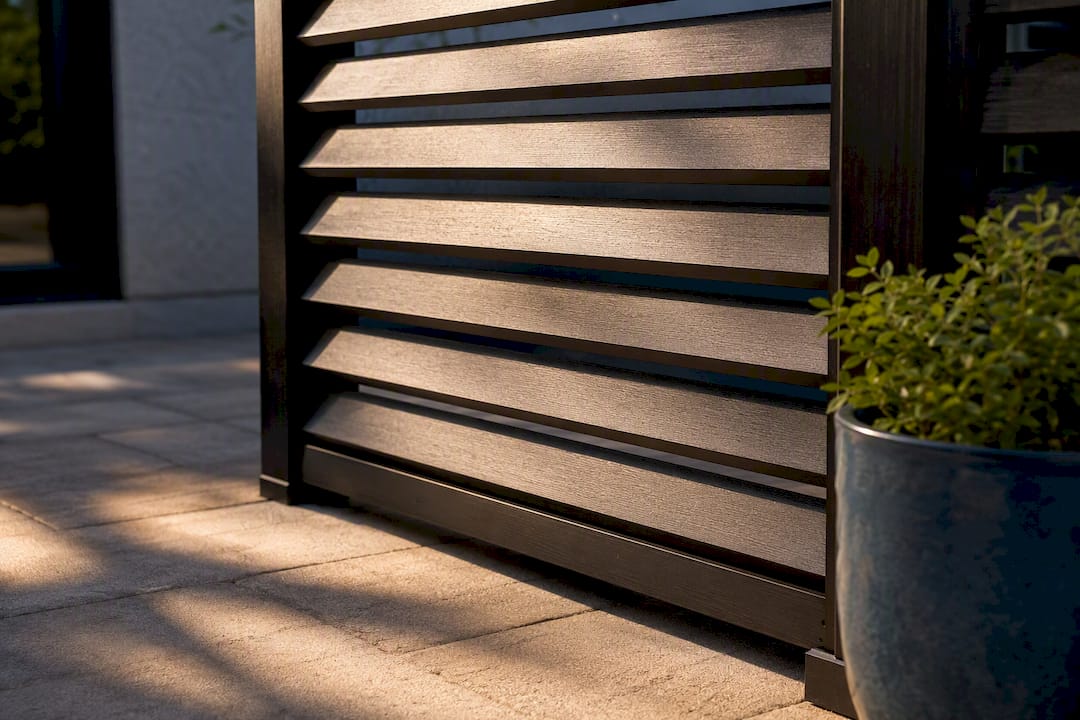 Angled louvered fence slats casting patio shadows