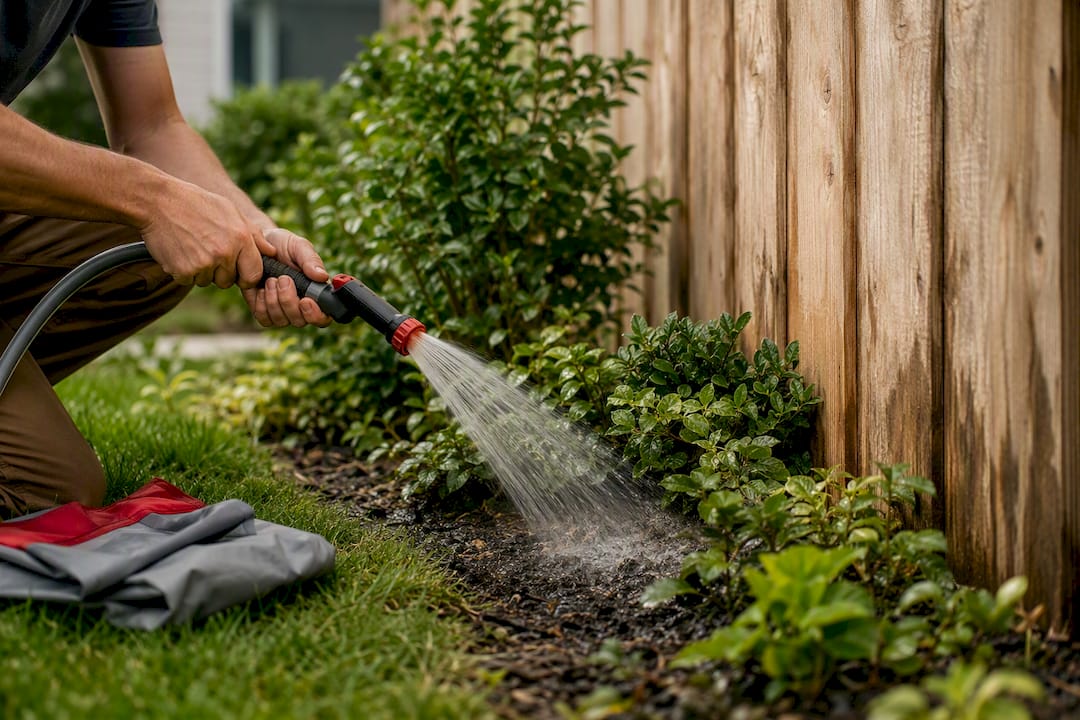 Rinsing plants beside a fence during cleaning