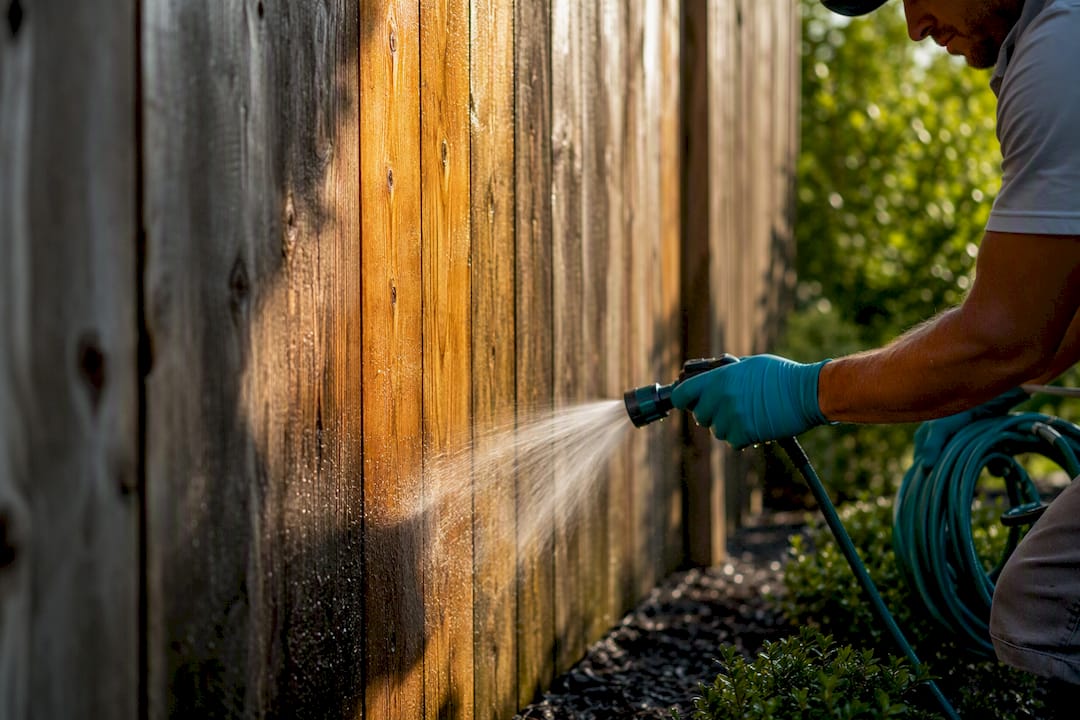 Technician gently rinsing weathered wood fence