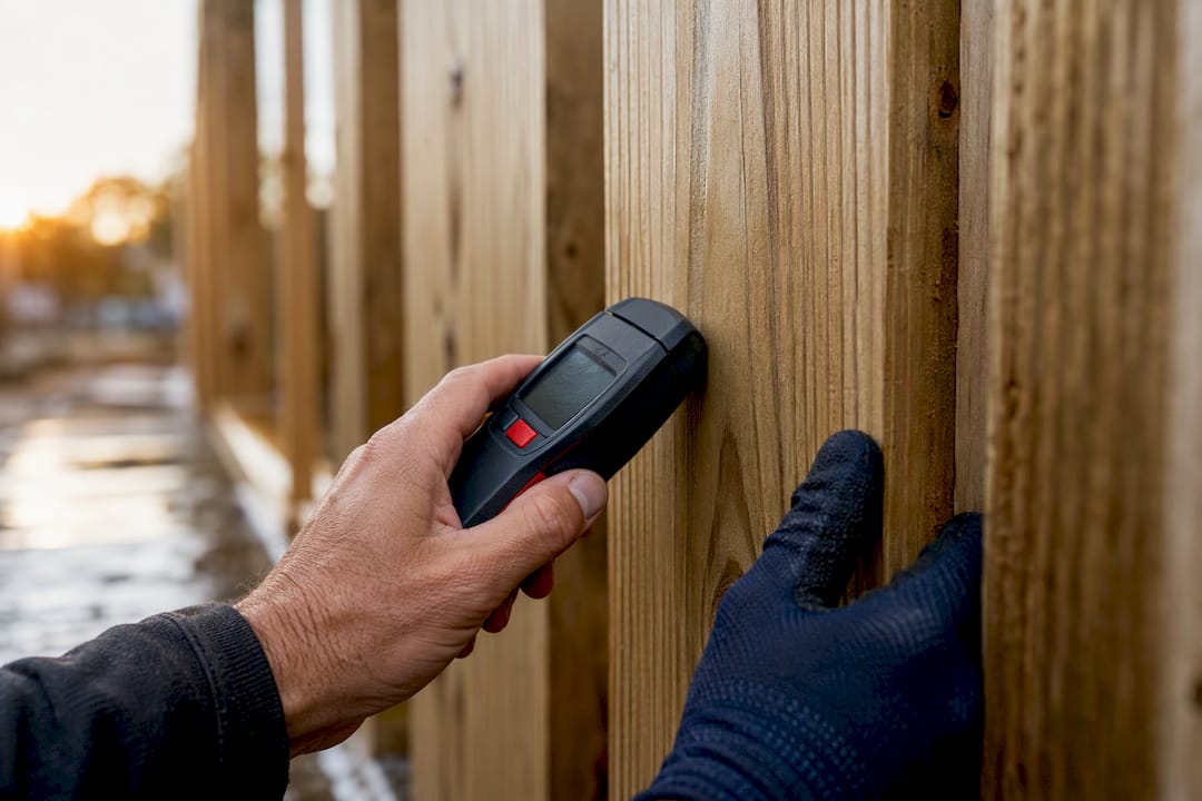 Worker testing wood fence moisture