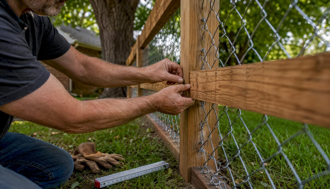 Hands inspecting wood and chain link fence junction