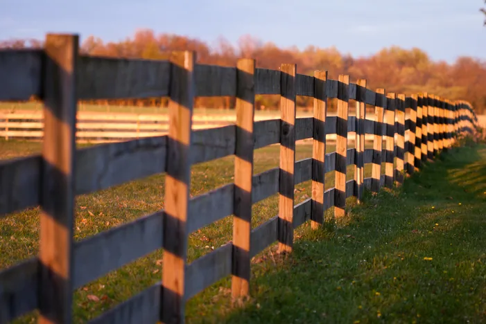 Rail fence crossing an open field in autumn