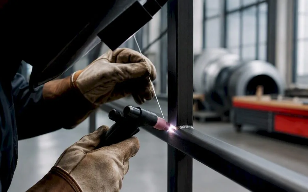 Worker welding a metal gate frame on a fabrication table