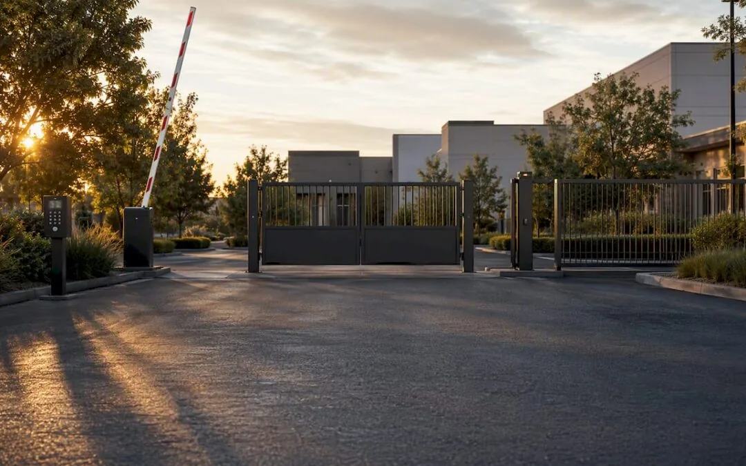 Commercial entrance with vehicle and pedestrian gates