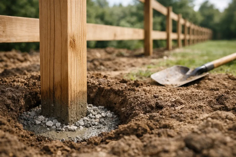 Fence post set into a prepared hole