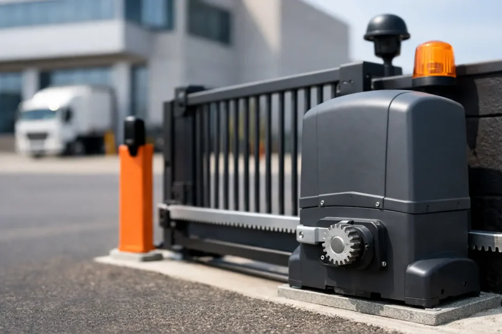 Slide gate operator installed beside a vehicle entrance
