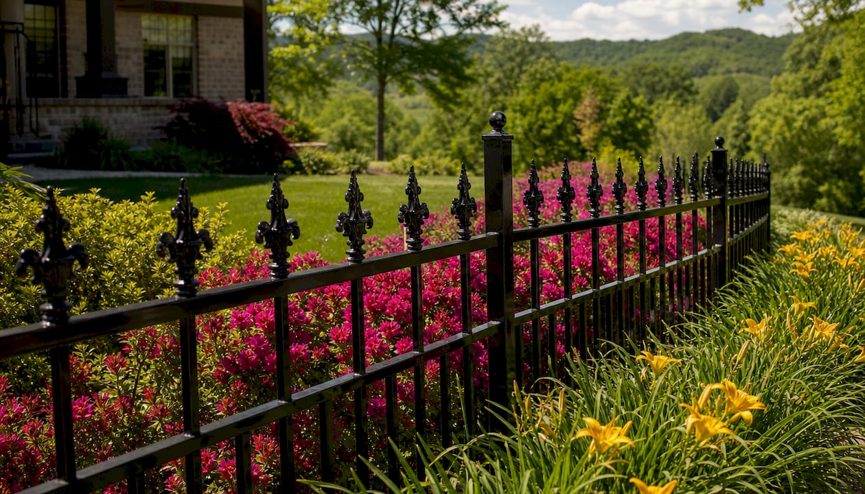 Decorative black ornamental iron fence detail