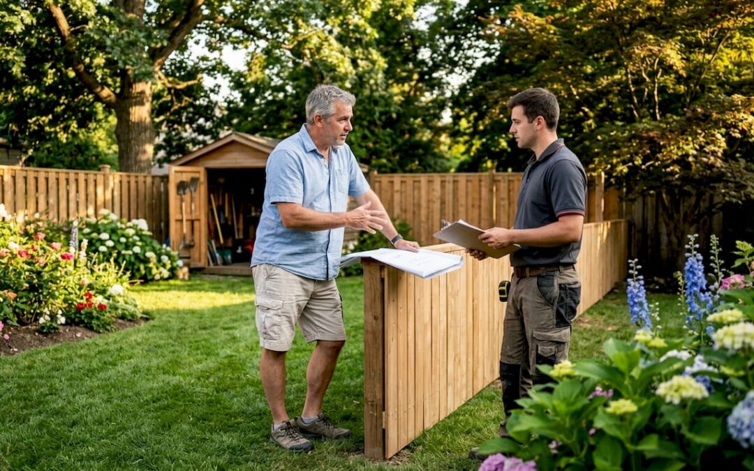 Homeowner reviewing fence plans outdoors