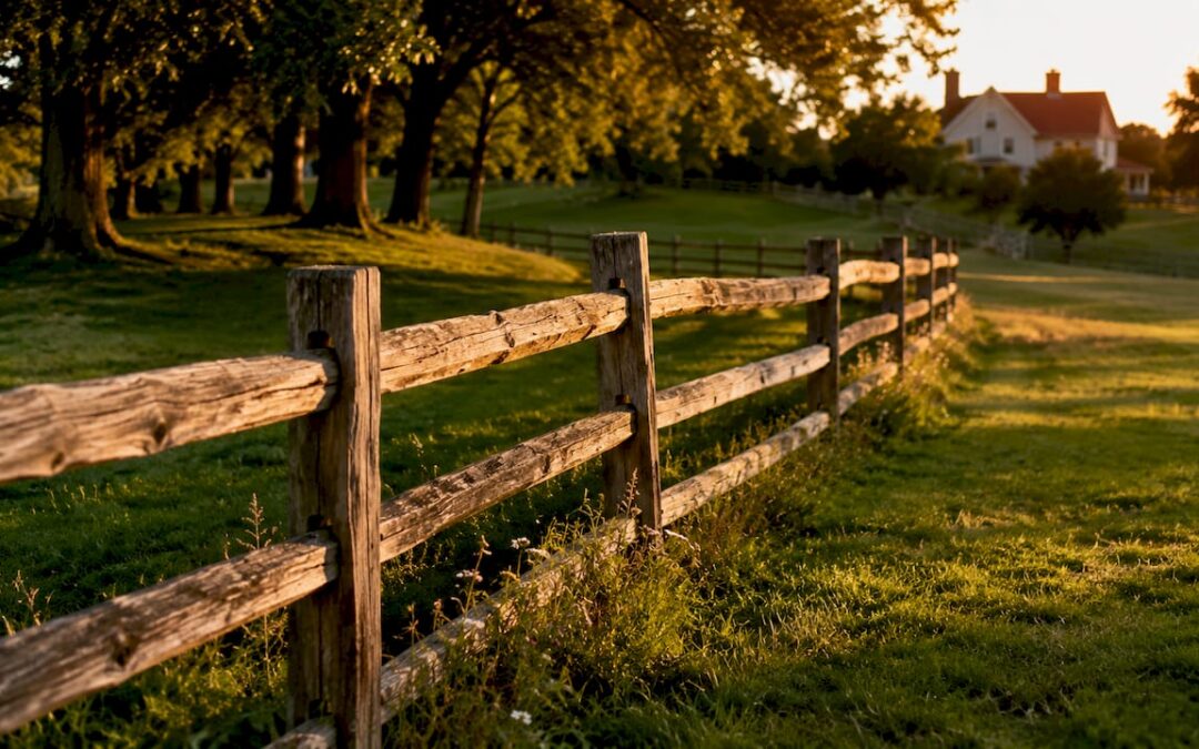 Rustic split rail fence along grassy property