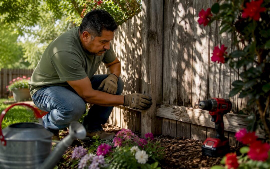 Man inspecting wooden fence post outdoors