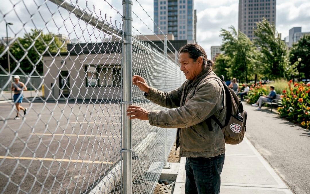 Man inspecting commercial fence outdoors Oklahoma