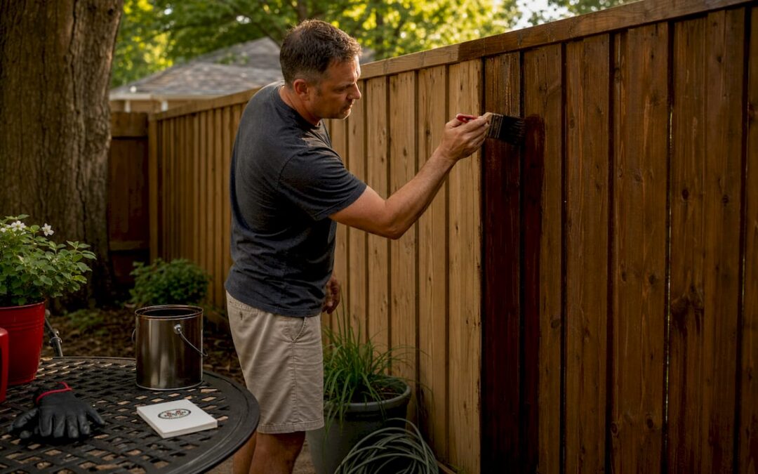 Man staining wooden fence outdoors