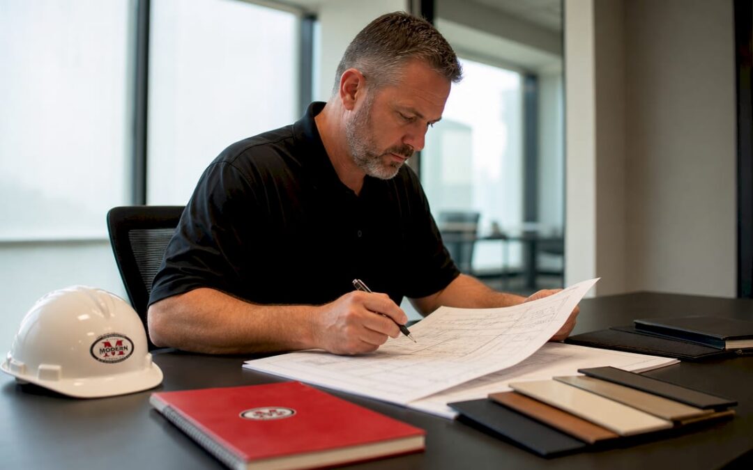 Commercial fence contractor reviewing plans