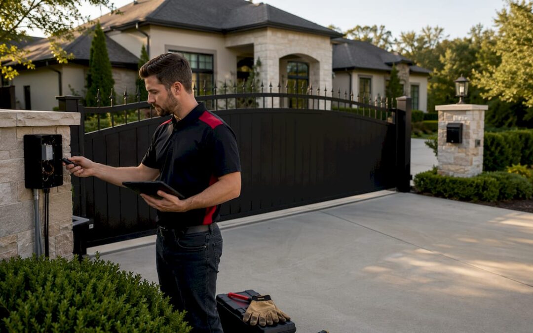 Technician inspecting automatic gate installation outdoors
