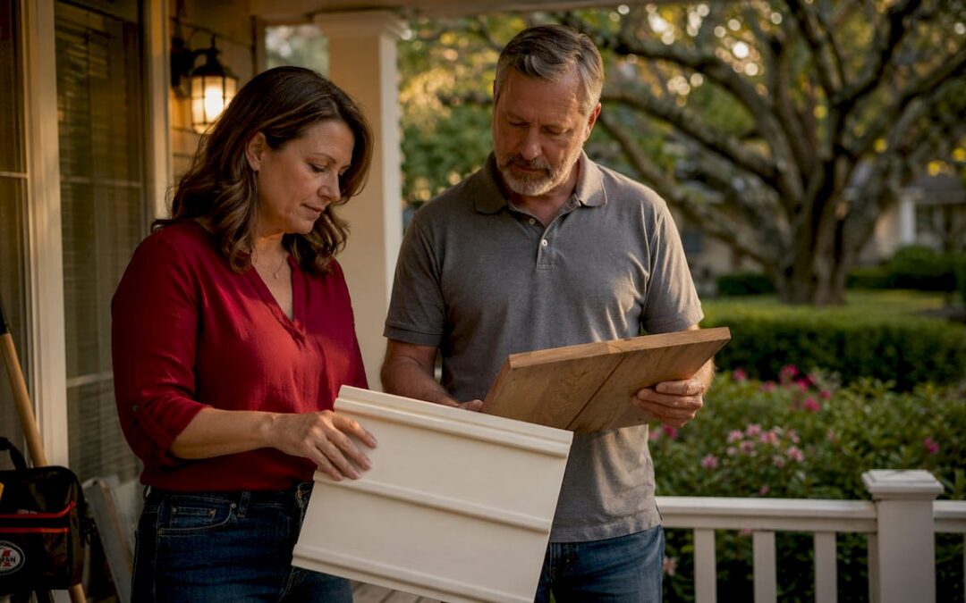 Couple comparing vinyl and wood fences outdoors
