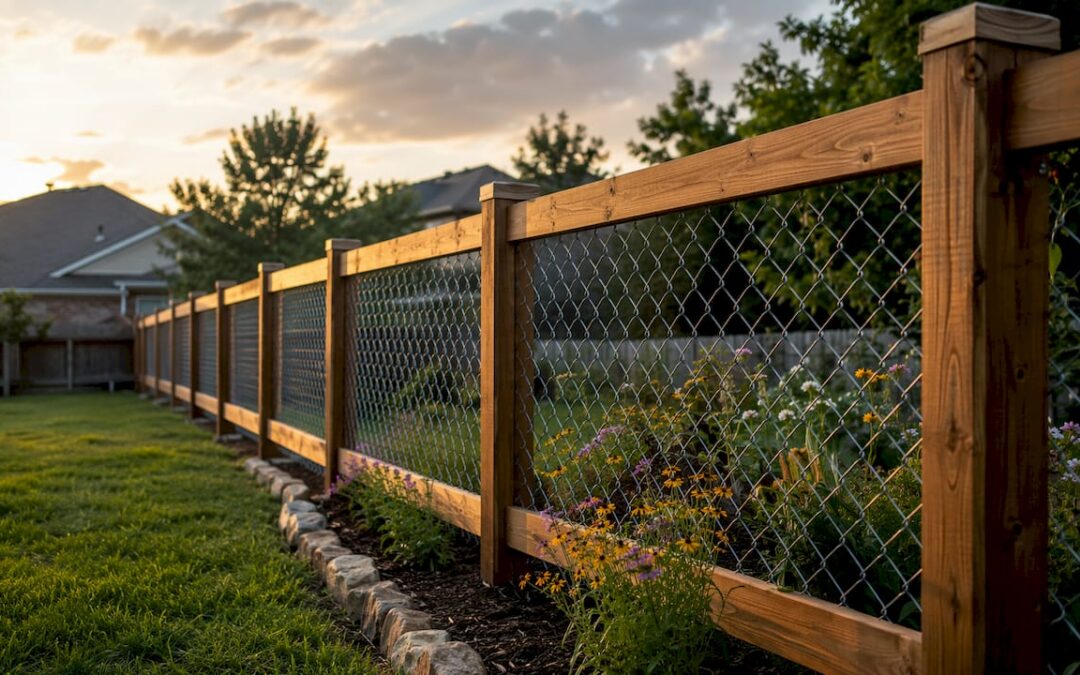 Combination wood and chain link fence outdoors