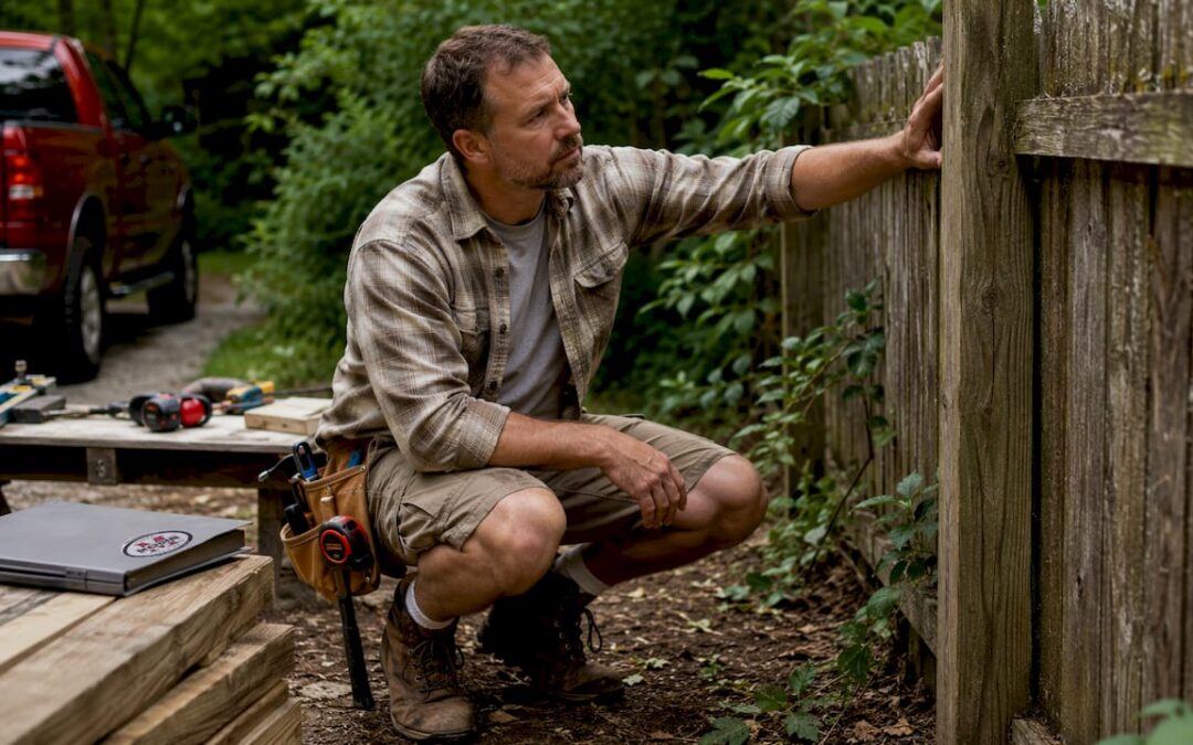 Arkansas fence contractor inspecting wooden fence