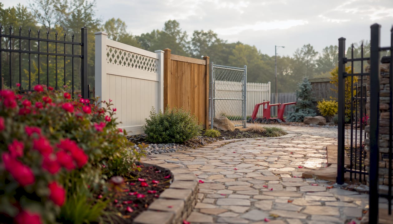 Display of different fencing material samples outdoors