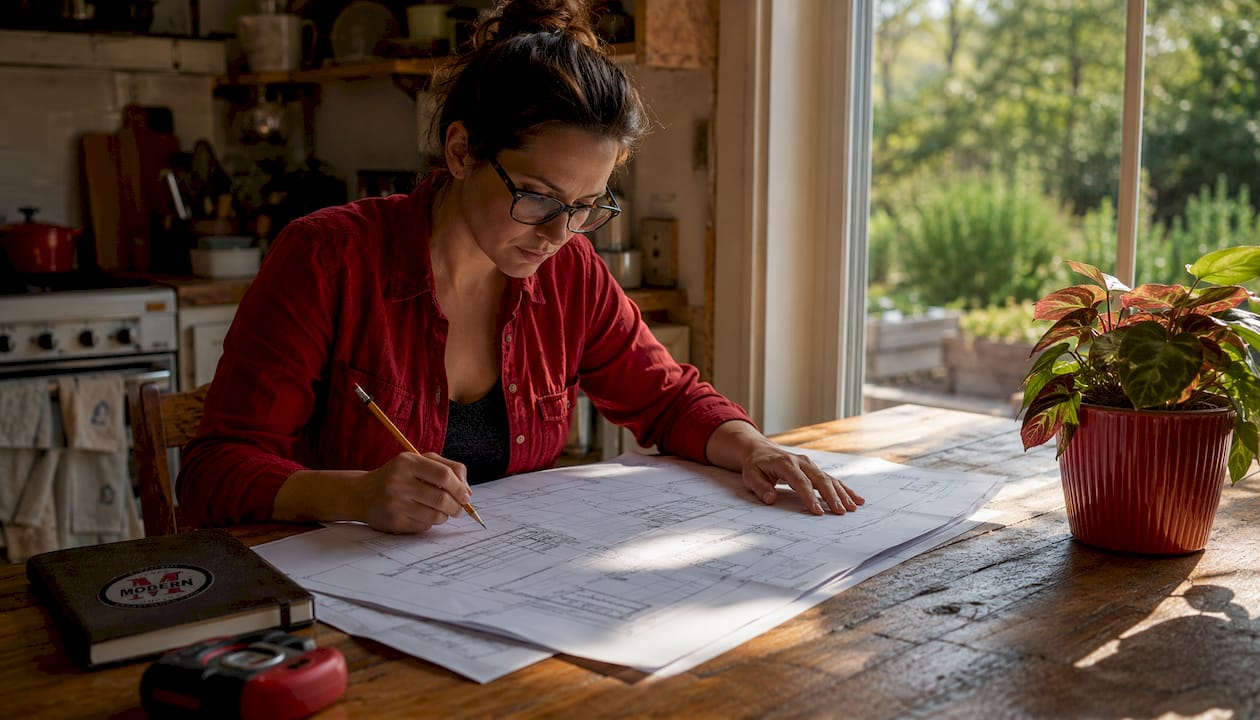Fence contractor studying blueprints indoors