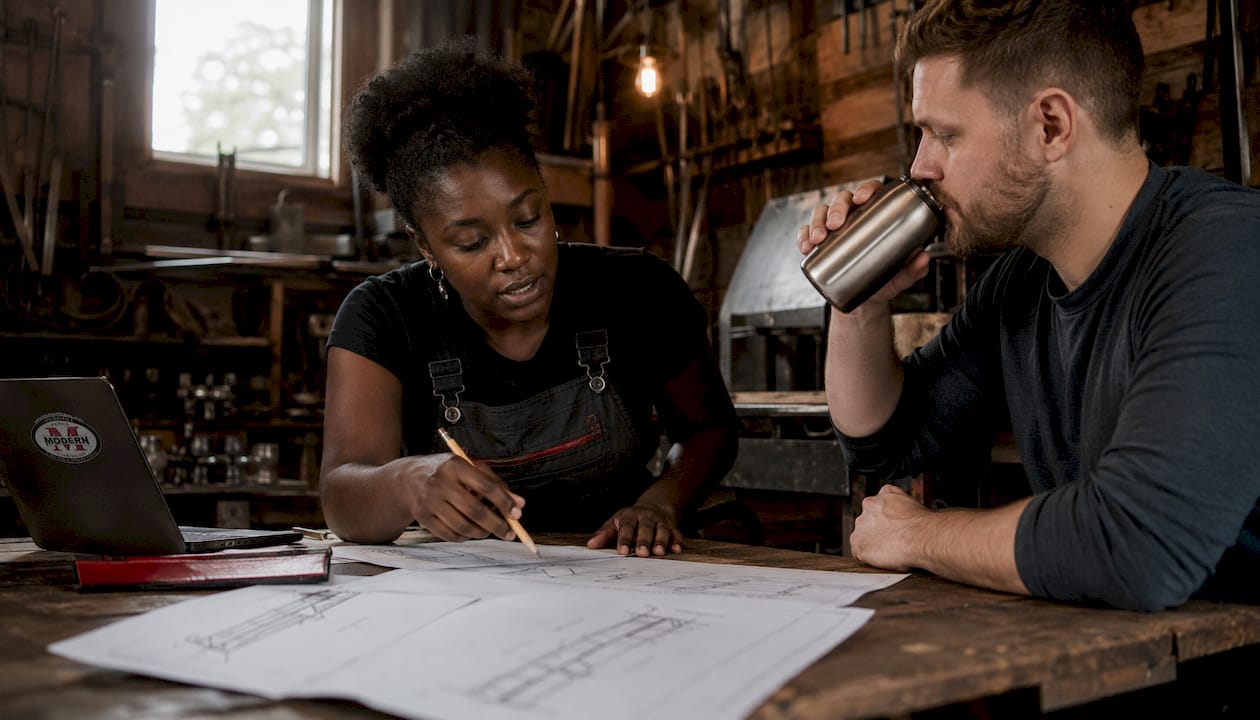 Designer and client discussing fence blueprints in workshop
