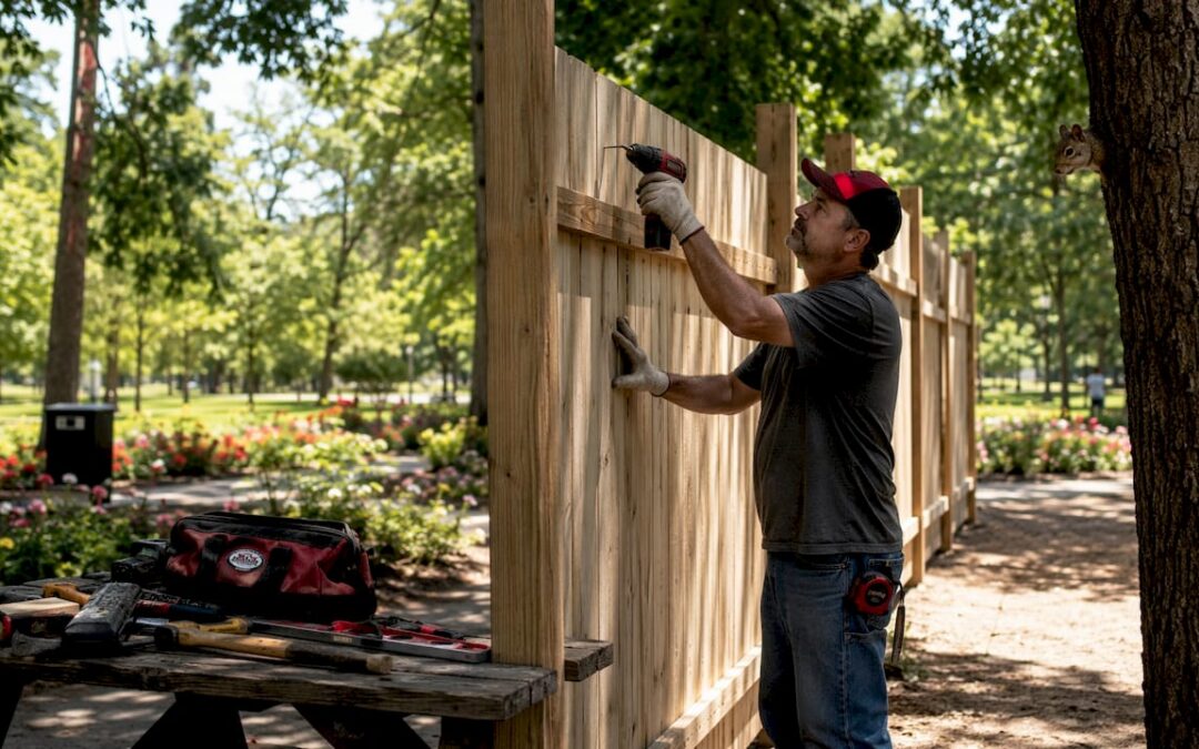 Man installing privacy fence in backyard