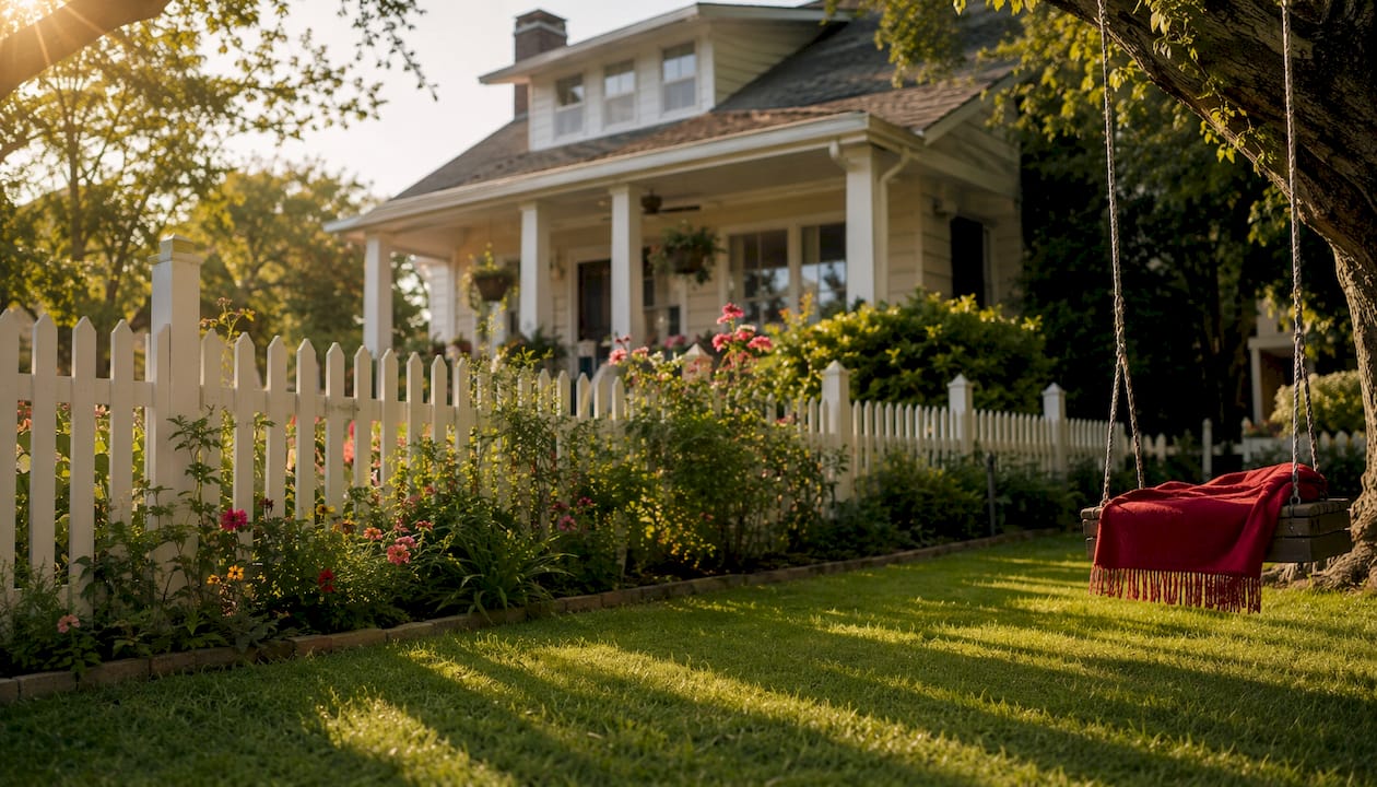 Traditional white picket fence in sunny yard