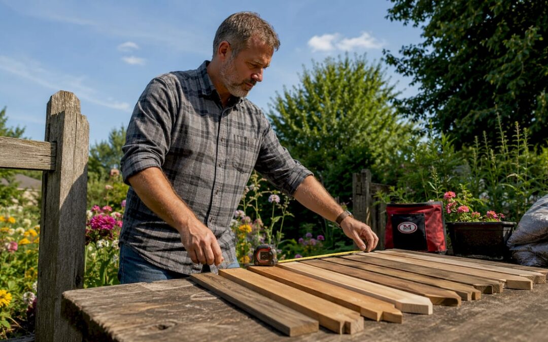 Man examining wood fence style samples outdoors