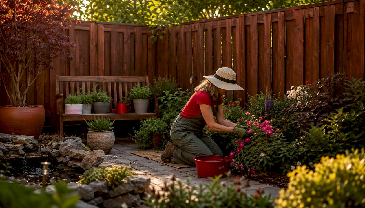 Tall privacy stockade wood fence in backyard
