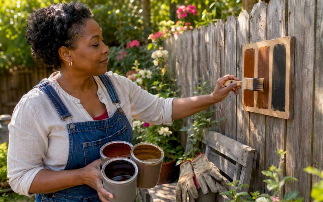 Woman selecting fence stain color outdoors
