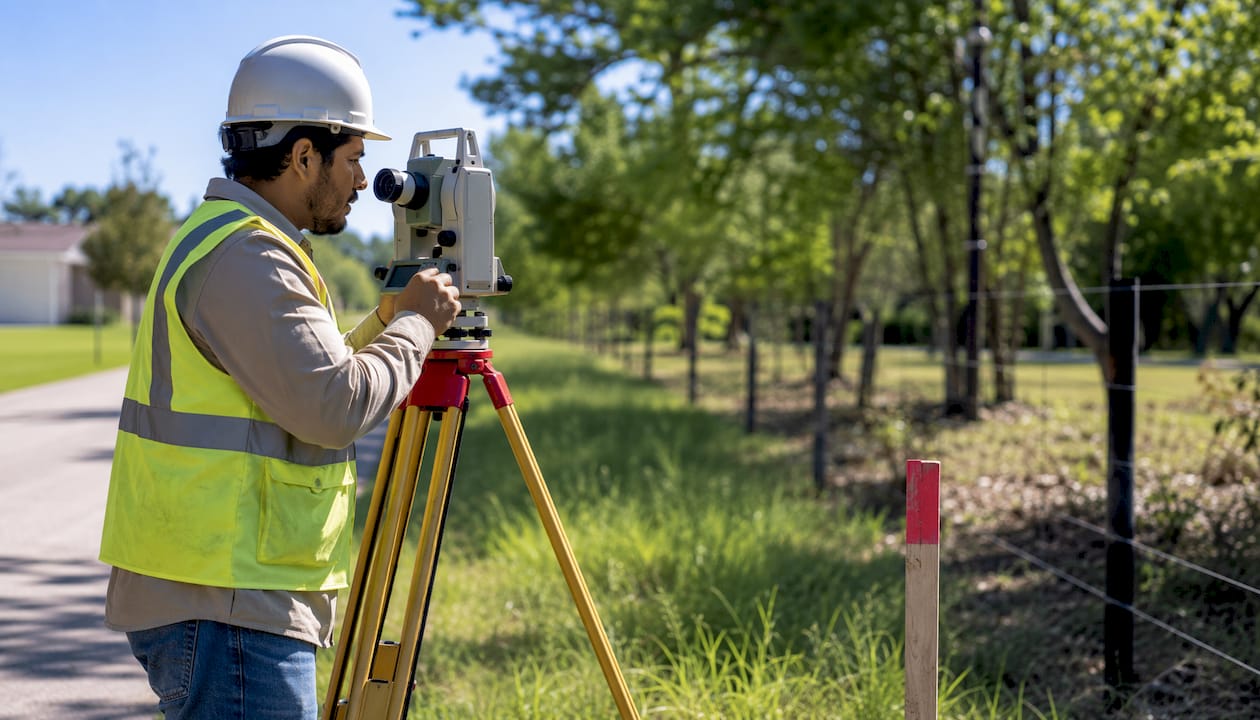 Land surveyor measuring property boundary outdoors