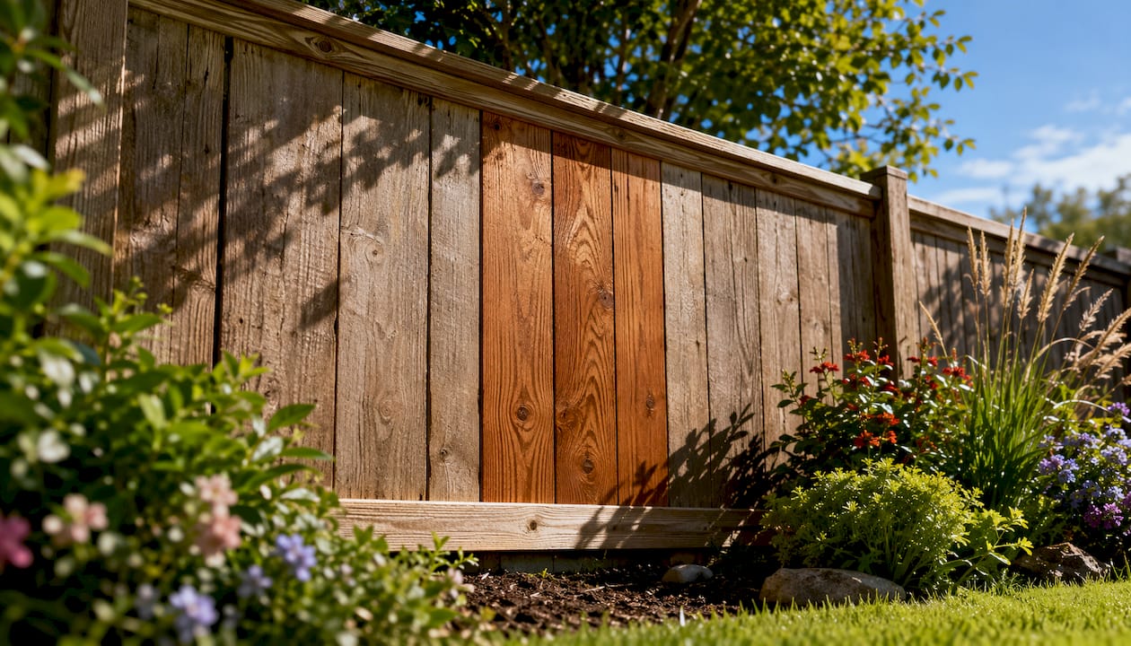 Close-up of repaired wood fence section outdoors